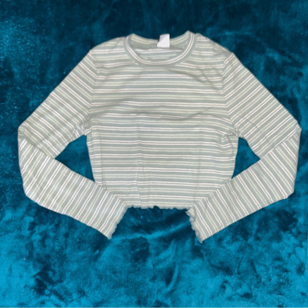 Pale green striped cropped long sleeve top